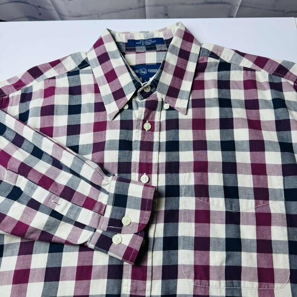 Alan Flusser Men’s Large Gingham Button-Down Shirt – Purple Navy Plaid, 100% Cot - Picture 6 of 8